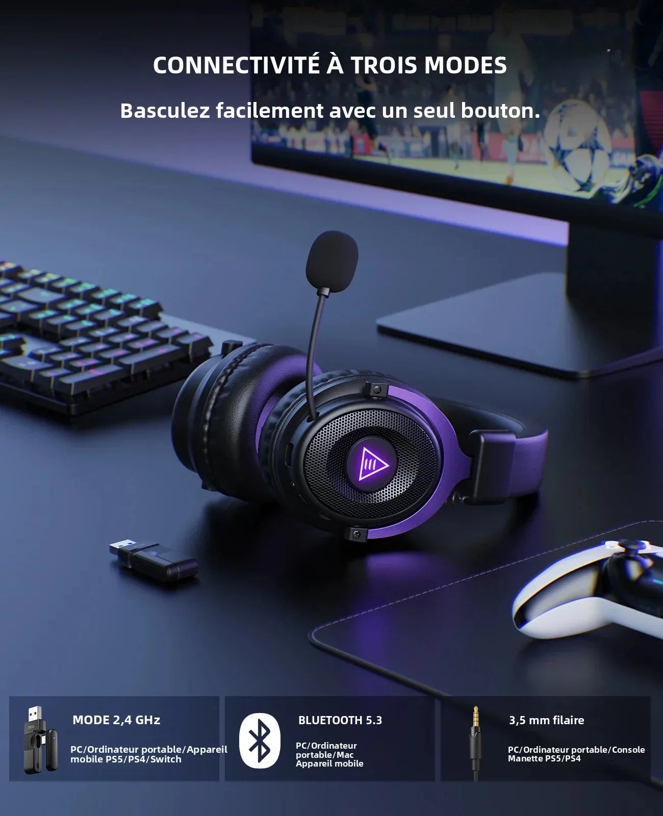 Oneodio EKSA E900 WT 2.4G Wireless Gaming Headset Tri-Mode Over Ear Bluetooth Headphones Gamer With Mic RGB For PC PS4 PS5 80Hr