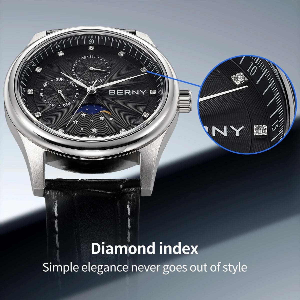 BERNY Men's Watch Date Weeks Moon Phase Quartz Watches for Men Stainless Steel Leather Strap Business Wristwatch Male Clock