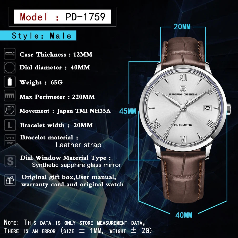 PAGANI DESIGN New NH35 Pilot Men's Mechanical Watch Top Brand Sapphire Glass Automatic Watch 100M Waterproof Stainless Steel Watch