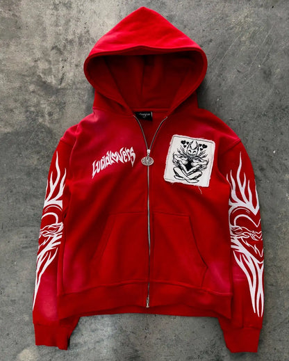 2026 New American Fashion Trend Goth Printed Zipper Hoodie Women Street Hip Hop Punk Rock Sweatshirt Unisex Casual Loose Hoodie