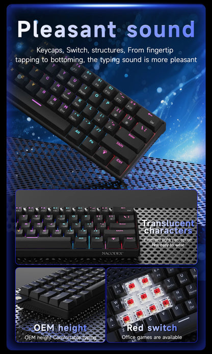 Teclado mecânico gaming com fios AJAZZ NK61 60% RGB hot-swappable, 61 teclas, switch vermelho, mini teclado para PC gamer