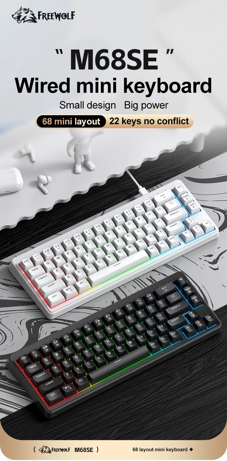 FREEWOLF M68SE tastiera mini cablata a 68 tasti, retroilluminazione RGB, Type-C, layout 68%, compatta, per gaming, ufficio, PC e laptop