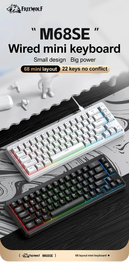 FREEWOLF M68SE tastiera mini cablata a 68 tasti, retroilluminazione RGB, Type-C, layout 68%, compatta, per gaming, ufficio, PC e laptop