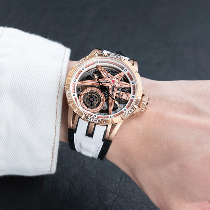 OBLVLO Mens Luxury Machinery Skeleton Dial Mechanical Automatic Watch Analog White Rubber Band Military Watch RD-901