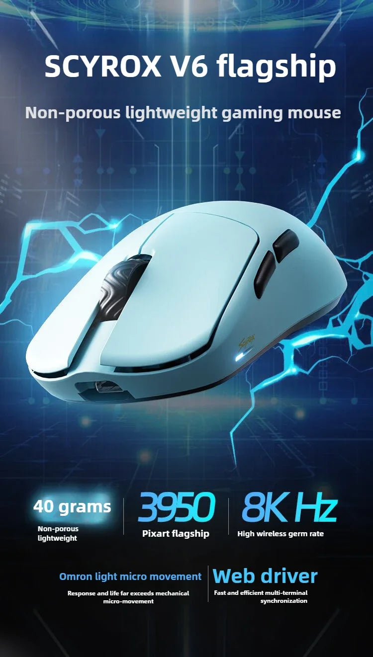 SCYROX V6 Non-Porous Wireless Mouse Esports 40g 750IPS with 8K Receiver Fast Response 3950 High Quality 8KHz Gaming Mouse