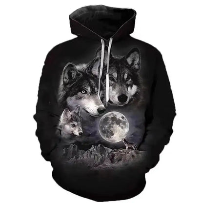 Sweatshirt com capuz masculina Lover Wolf, nova moda de outono 2023, padrão 3D, corte solto, estilo streetwear divertido de marca