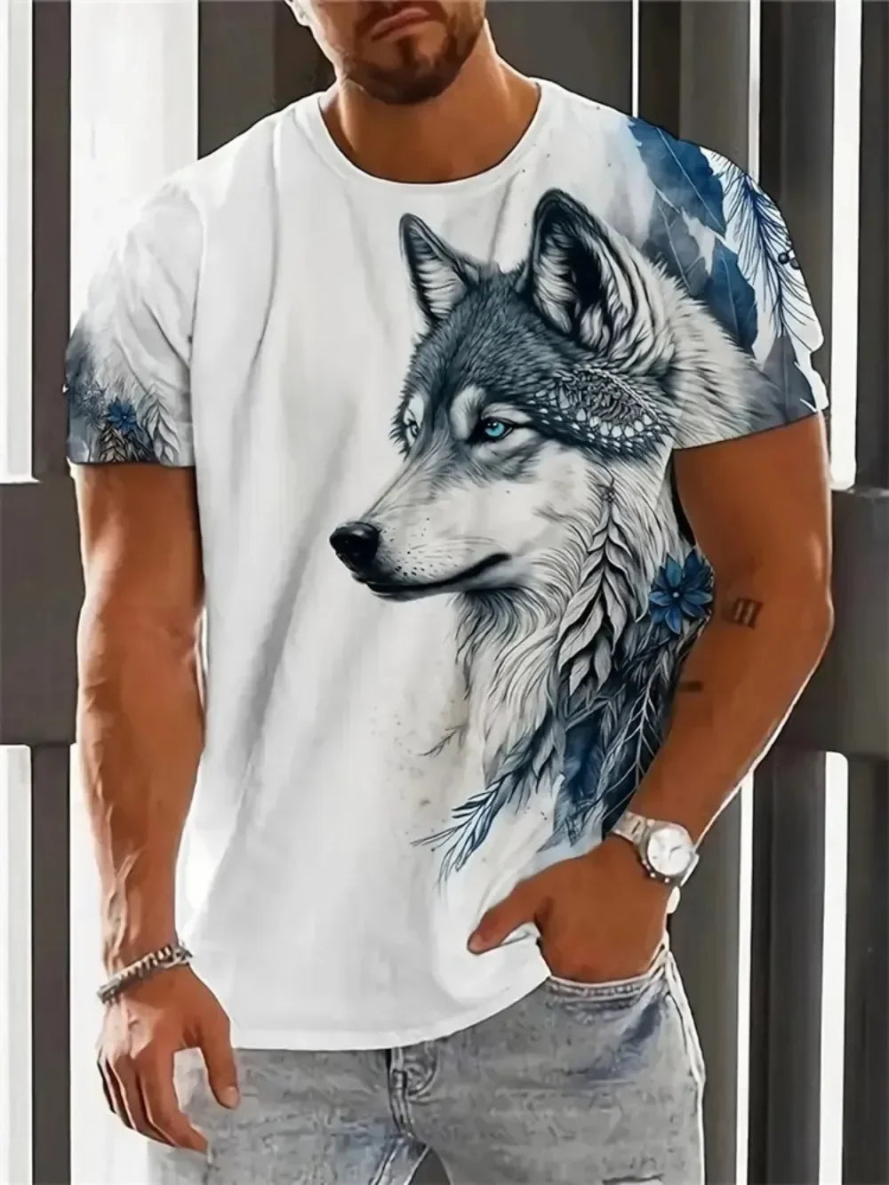 Herr-T-shirt med vildvargsmönster, sommar, streetwear, utomhus, andningsbar, avslappnad T-shirt, överdelar, 3D-tryckta T-shirts, modekläder för män