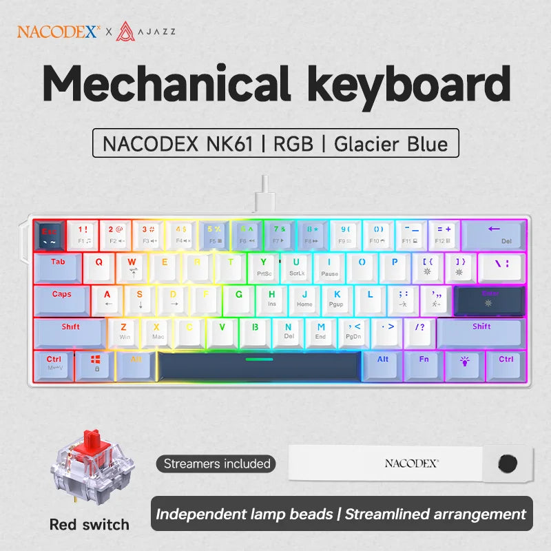 Teclado mecânico gaming com fios AJAZZ NK61 60% RGB hot-swappable, 61 teclas, switch vermelho, mini teclado para PC gamer
