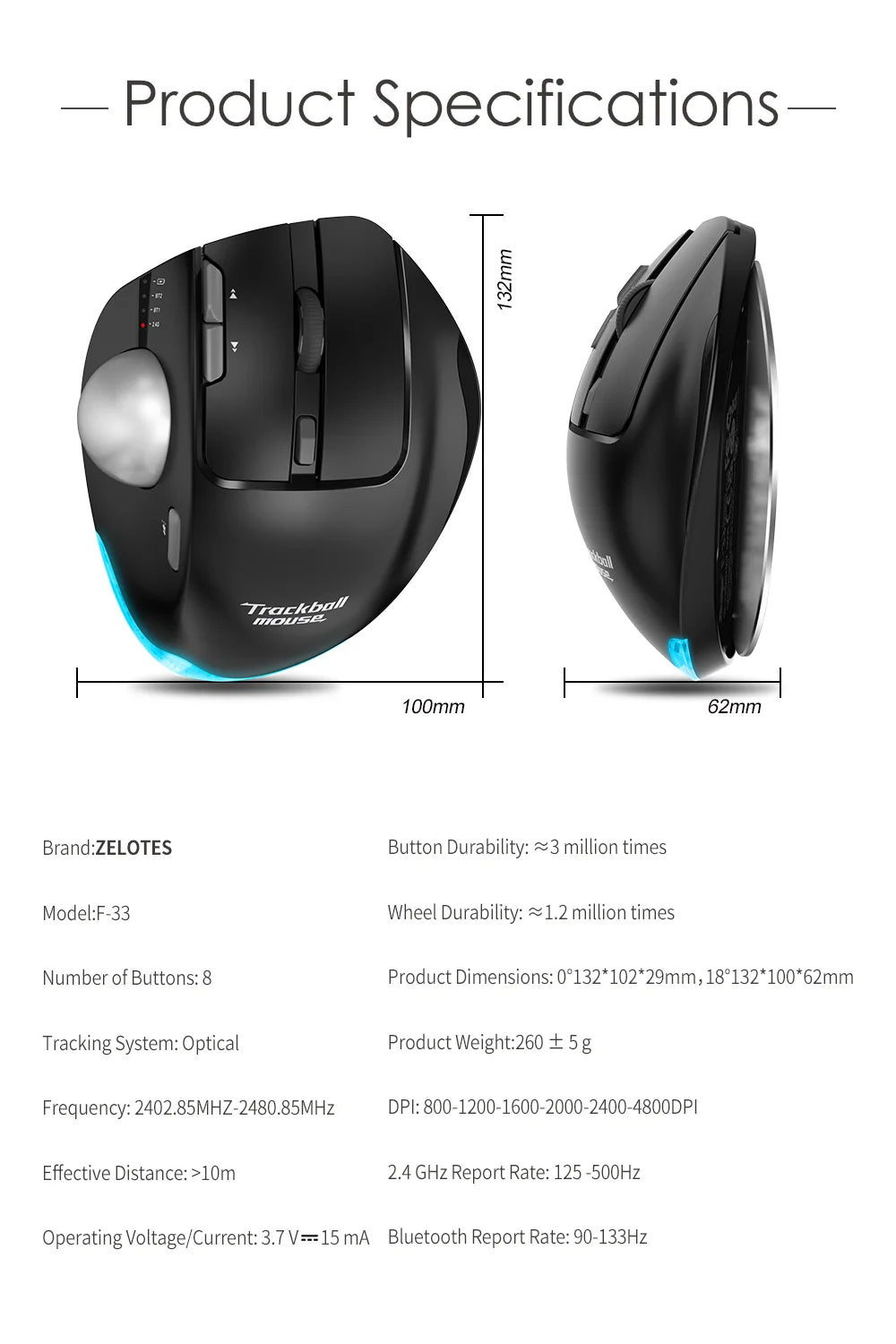 Lefon F33 Bluetooth Ergonomic Trackball Mouse, Rechargeable Wireless Trackball Mouse with Bluetooth & 2.4G, 4800 DPI Ergonomic Rollerball Mouse for PC, Office & Drawing