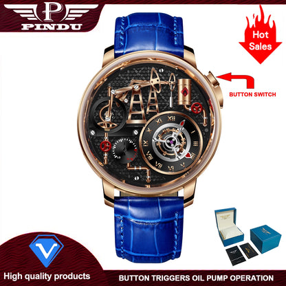 PINDU Design New Button Oil Pump Quartz Watch for Men Swiss Quartz 762 Movement Sapphire Waterproof Stainless Steel Men's Watch