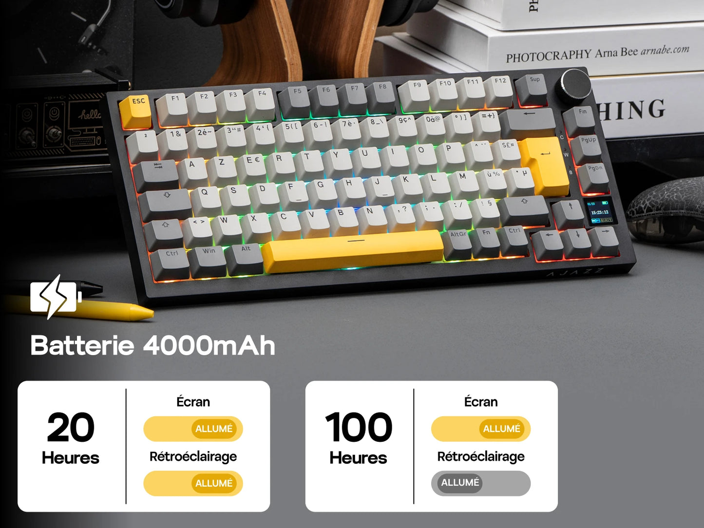Distribución ISO-FR EPOMAKER X AJAZZ AK820 PRO 75% AZERTY francés, teclado mecánico hot-swap con cable/BT/inalámbrico 2.4GHz para Win/Mac/PC