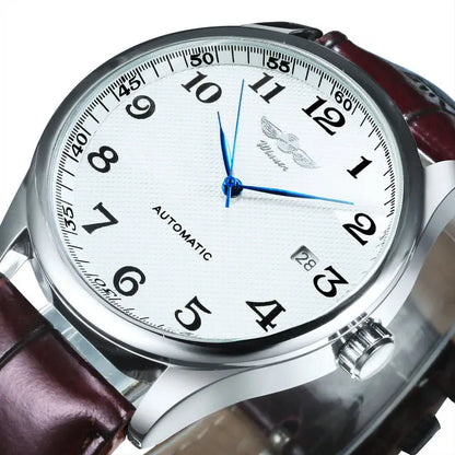 Klassische Herrenuhr – Retro-Design mit Kalender und blauen Zeigern, mechanisches Automatikwerk, renommierte Marke, Edelstahlgehäuse und Lederarmband