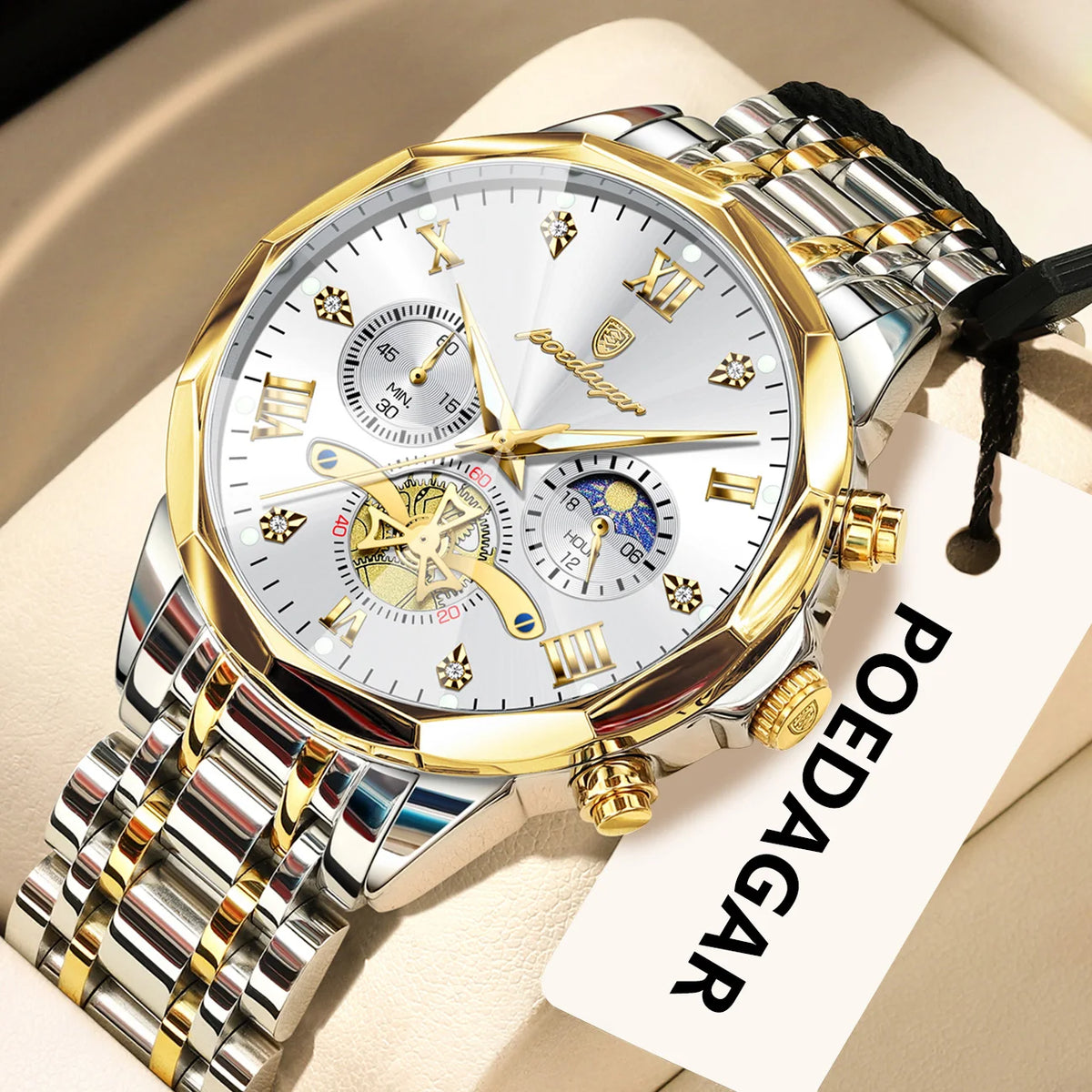 Originele luxe POEDAGAR herenhorloge, waterdicht, chronograaf met verlichting, roestvrijstalen quartz-polshorloge, hoogwaardige herenhorloges