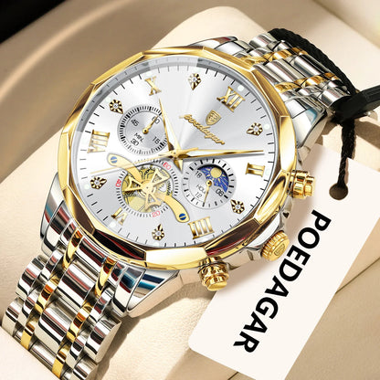 Originele luxe POEDAGAR herenhorloge, waterdicht, chronograaf met verlichting, roestvrijstalen quartz-polshorloge, hoogwaardige herenhorloges