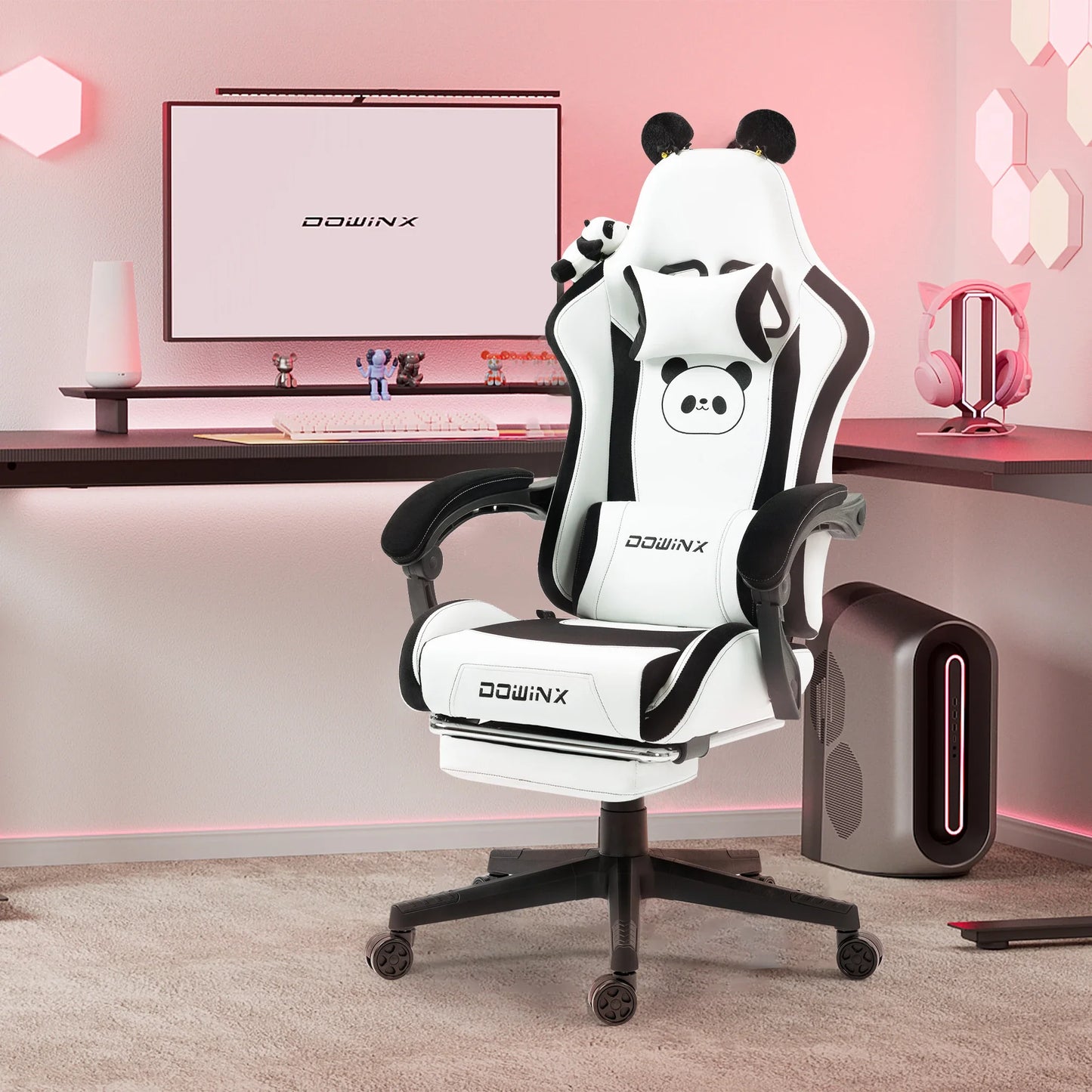 Cadeira Gaming Kawaii Cor-de-Rosa com Orelhas de Gato, Apoio para os Pés, Encosto Alto Ergonómico e Apoio Lombar com Pata de Gato