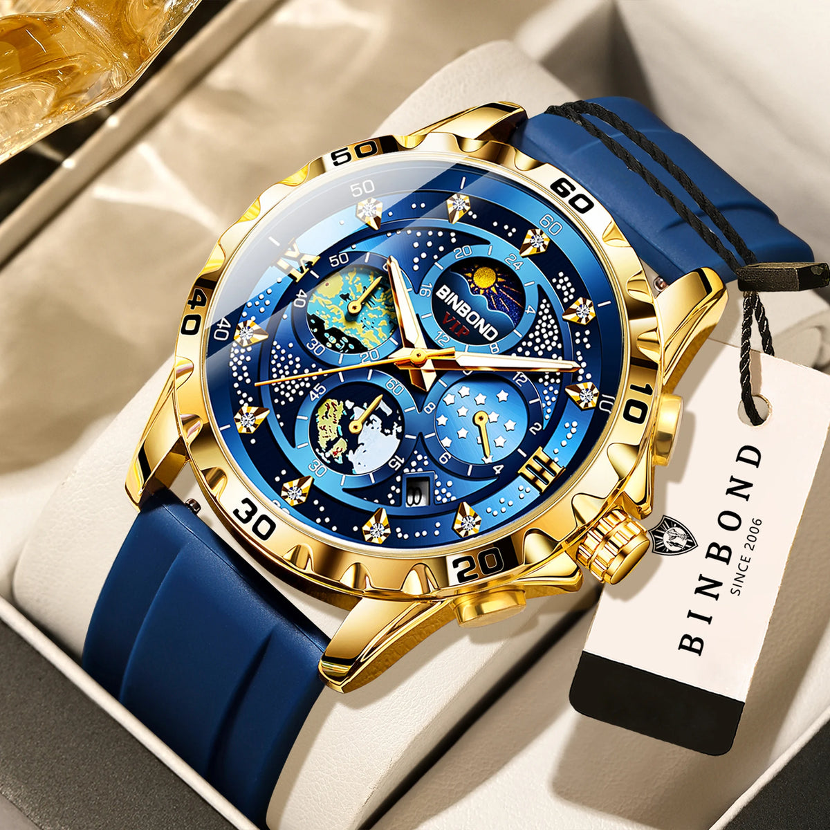 Luxe BINBOND-kwartshorloges voor heren, verlicht, waterdicht, chronograaf met automatische datum, zakelijke, sportieve en casual stijl