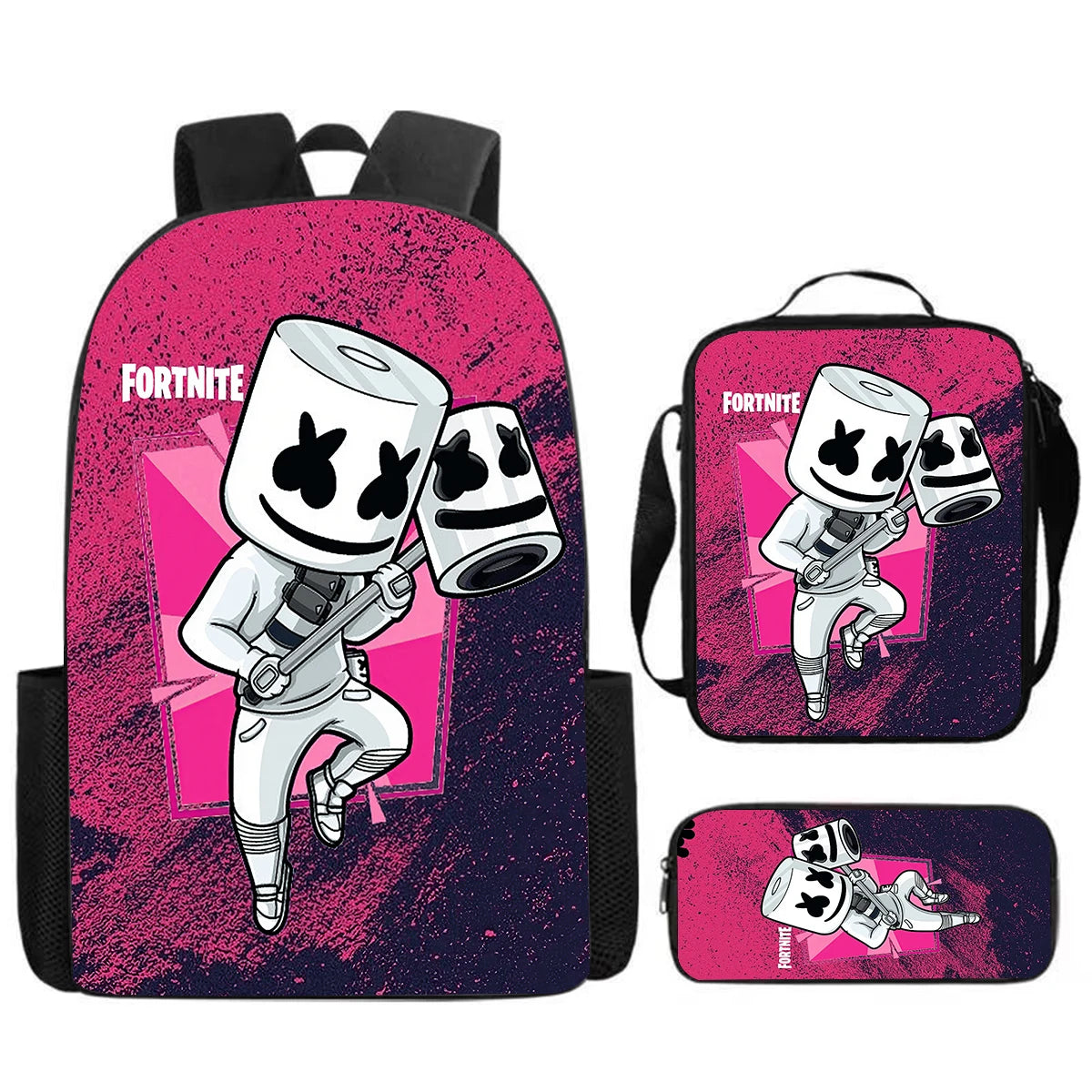 Set Fortnite Cartoon de 3 piezas, gran capacidad, adecuado para niños y niñas de 5 a 8 años, incluye mochila, bolsa para comida y estuche para lápices