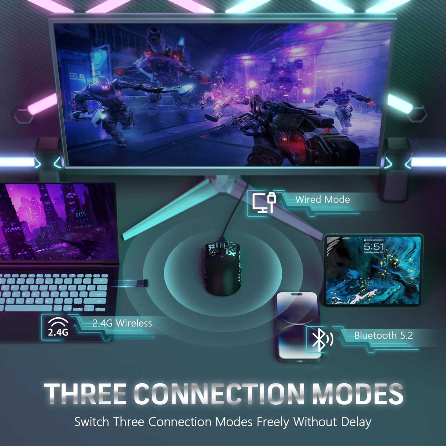 Mouse da gaming wireless ATTACK SHARK X11 con dock di ricarica e sensore gaming PixArt PAW3311, BT/2.4G wireless/cablato