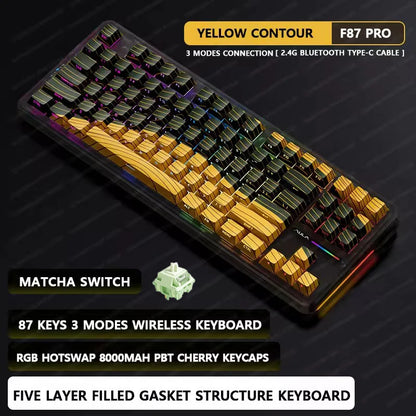 Teclado Mecânico AULA F87 Pro 2.4g/USB/Bluetooth sem fios trimodo, 87 teclas, RGB, PBT, estrutura gasket, 5 camadas de isolamento acústico, teclas completas sem impacto