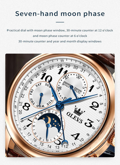 OLEVS 6667 Mens Watch Multifunctional Chronograph Mechanical Watch Leather Strap Moon Phase Watches For Man Luxury Original