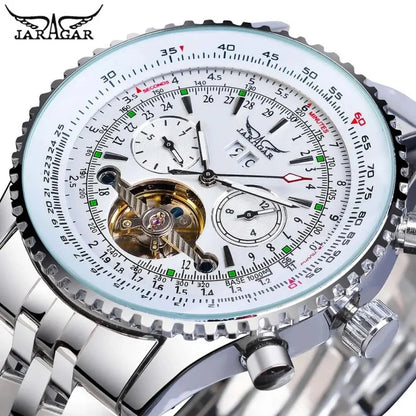 Luxusní retro automatické mechanické hodinky JARAGAR 034, tourbillon, vyprázdněná skeletová konstrukce, nerezová ocel, týdenní kalendář, pánské hodinky