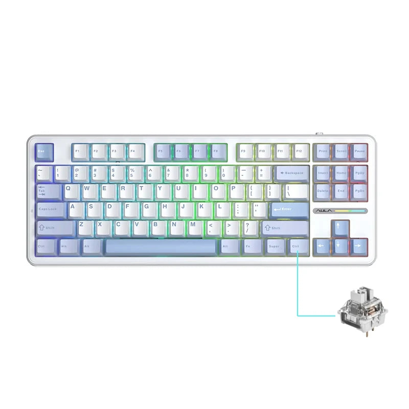 Teclado Mecânico AULA F87 Pro 2.4g/USB/Bluetooth sem fios trimodo, 87 teclas, RGB, PBT, estrutura gasket, 5 camadas de isolamento acústico, teclas completas sem impacto