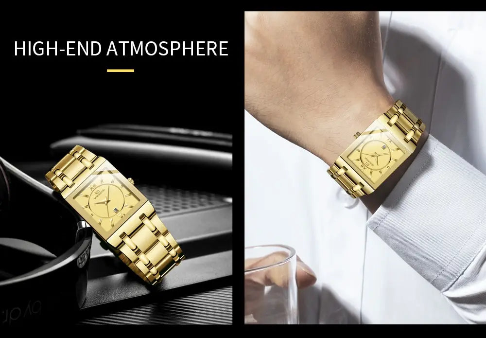 Men Business Watch Simple Design Luxury Fashion Rectangular Black Gold Stainless Steel Calendar Waterproof Quartz Men's Watches