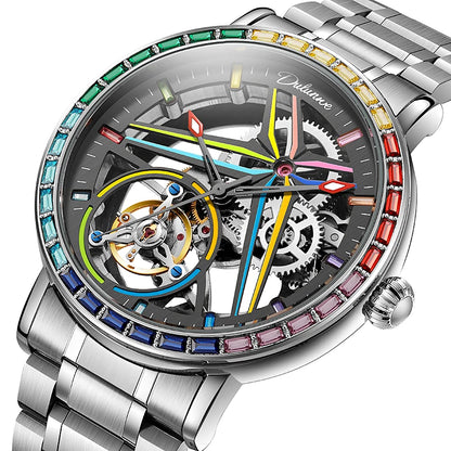 Pánské skeletové hodinky v módním stylu, zdobené drahokamy v barvách duhy, vybavené tourbillonem; luxusní mechanické hodinky s automatickým nátahem, vodotěsné do hloubky 30 metrů.