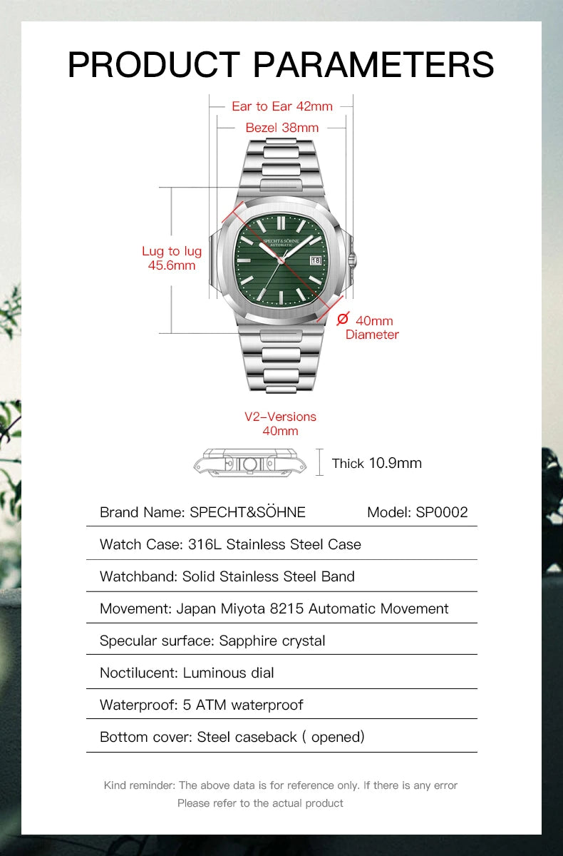 Relógio Masculino Specht&Sohne 2025 New Classic de Luxo Automático em Aço Inoxidável com Safira 8215, Relógio de Pulso Mecânico