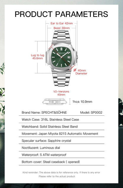 Relógio Masculino Specht&Sohne 2025 New Classic de Luxo Automático em Aço Inoxidável com Safira 8215, Relógio de Pulso Mecânico
