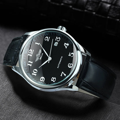 Klassische Herrenuhr – Retro-Design mit Kalender und blauen Zeigern, mechanisches Automatikwerk, renommierte Marke, Edelstahlgehäuse und Lederarmband