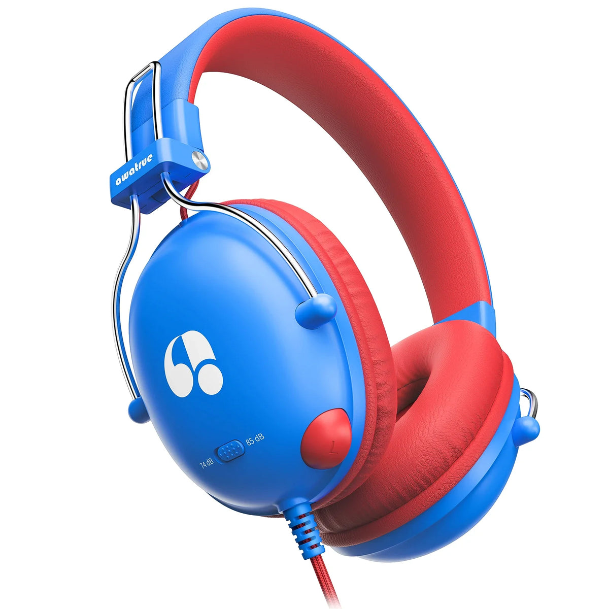 Casque Enfant Awatrue HK05, Limiteur de Volume 74/85dB, Prise 3.5mm, Bleu et Rouge, Son Stéréo, Compatible iPad/Tablette/Kindle/YOTO Player, Voyage en Avion pour Garçons et Filles