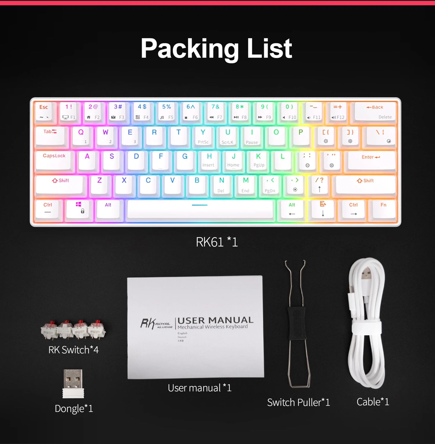 Teclado Mecânico Gaming RK Royal Kludge RK61 2.4G Sem Fios Bluetooth Tri-Mode 61 Teclas RGB Retroiluminado Mini Hot-swappable