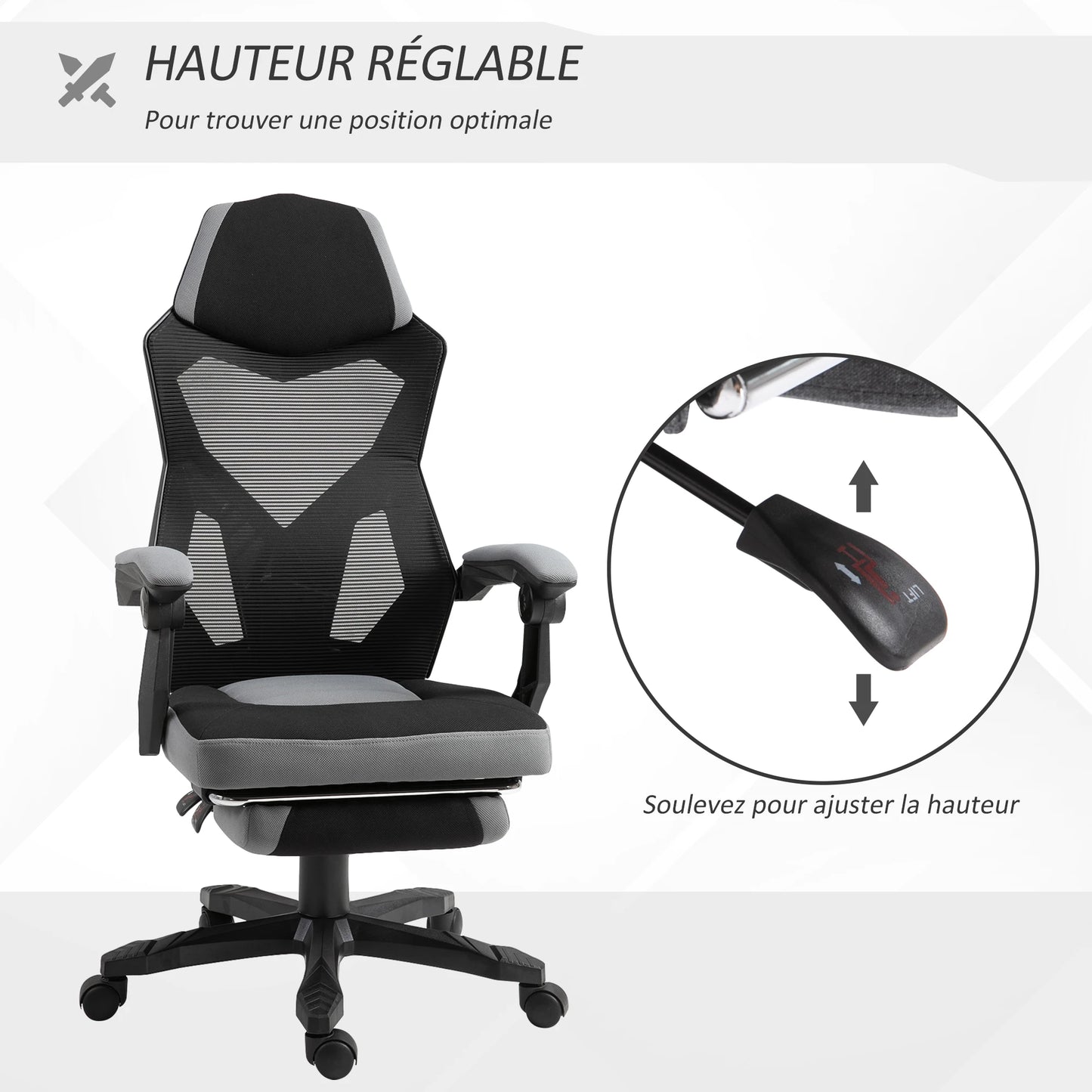 Ergonomic Gaming Office Chair Grey & Black with Adjustable Height, 360° Swivel, Mesh Fabric, High Density Foam, Comfortable Computer Chair