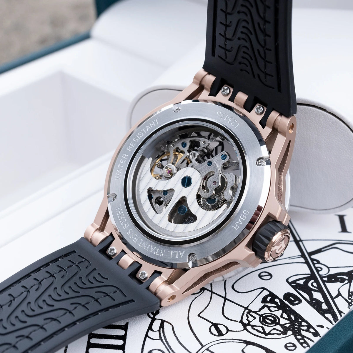OBLVLO Men's Two Tone Big Skeleton Dial Mechanical Automatic Watch Luminous Waterproof Rubber Band Machinery Clock RD-903