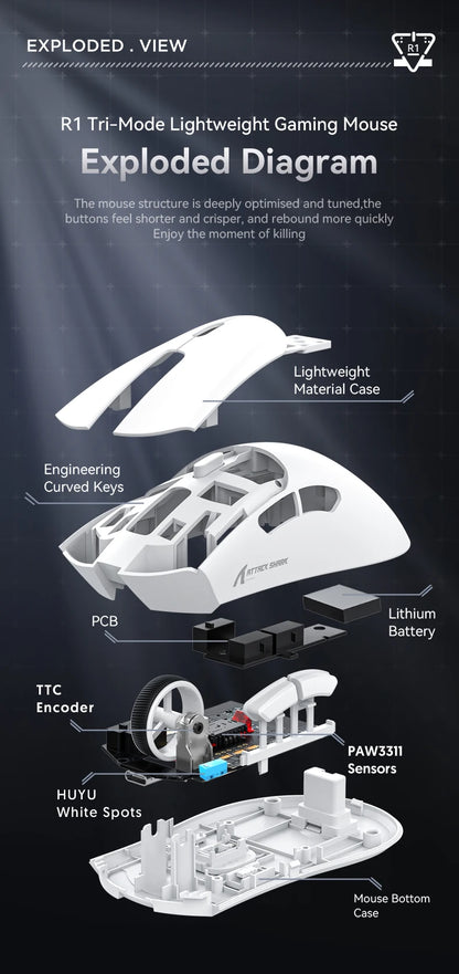 Attack Shark R1 Tri-Mode 2.4g-BT-Wired, PAW3311 18000DPI, 59g  Lightweight Gaming Mouse