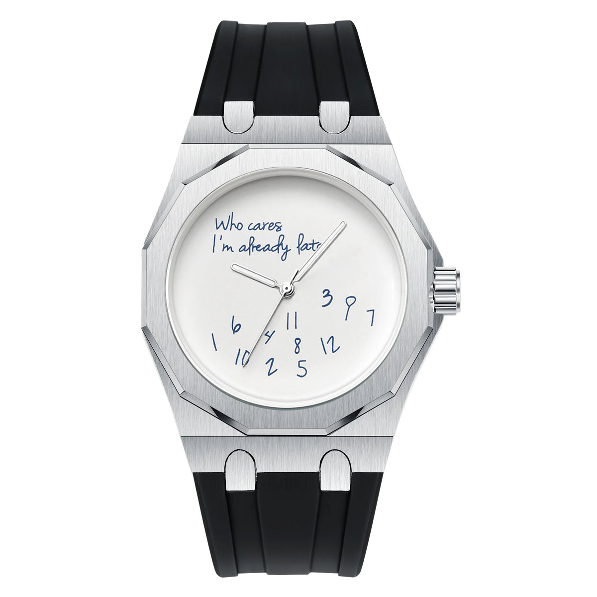 Montre pour homme de luxe avec boîtier octogonal et bracelet en silicone, étanche, dotée d'un cadran arborant le slogan humoristique « Who Cares I'm Already Late » (Et puis quoi, je suis déjà en retard).
