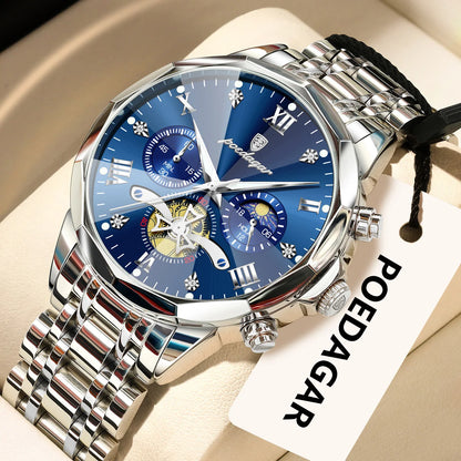 Originele luxe POEDAGAR herenhorloge, waterdicht, chronograaf met verlichting, roestvrijstalen quartz-polshorloge, hoogwaardige herenhorloges
