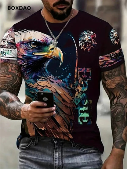 T-shirts Fashion Eagle para homem, corte largo, gola redonda, tops casuais de manga curta, estampado 3D de animal, T-shirt streetwear, tamanho grande 6XL, tee respirável