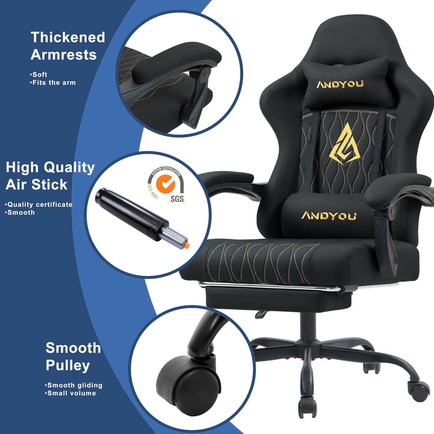 Andyou Ergonomic Gaming Chair - Swivel Reclining Gaming Chair, PU Leather Upholstery, Weight Capacity 150kg