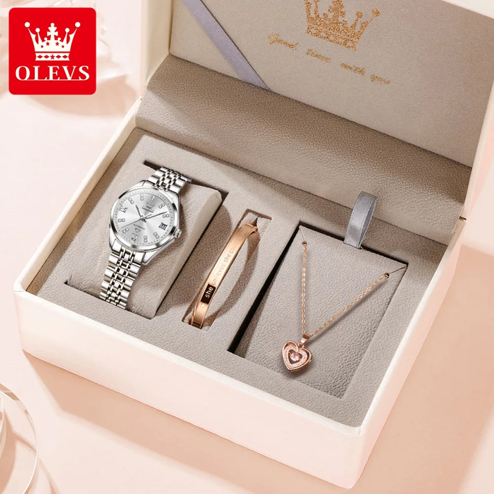 OLEVS 9801 Womens Watch Luxury Fashion Waterproof  Automatic Mechanical Watch Stainless Steel Diamond Date Ladies Watch Set