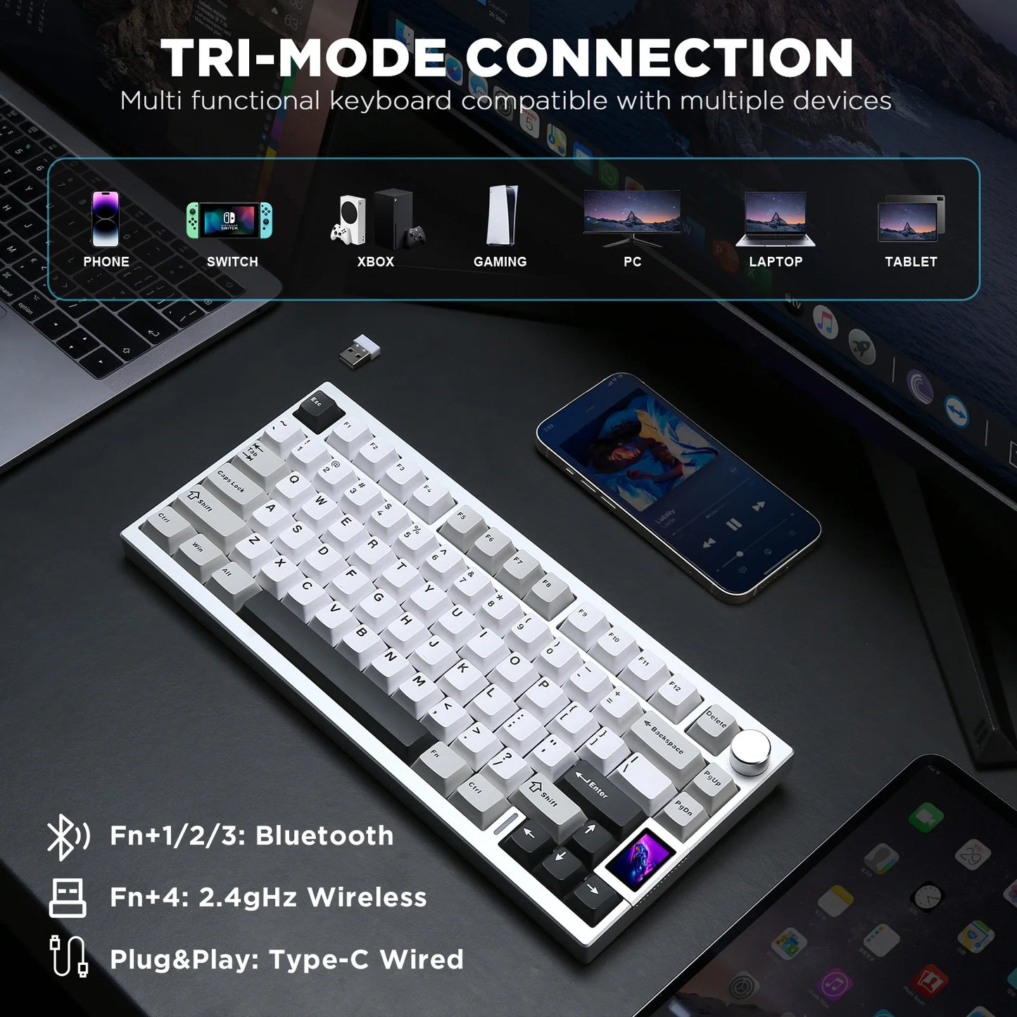 YUNZII AL80 Silver Wireless Mechanical Keyboard, Full Aluminum CNC Custom QMK/VIA Gaming Keyboard, LCD Display Hot Swap Keyboard
