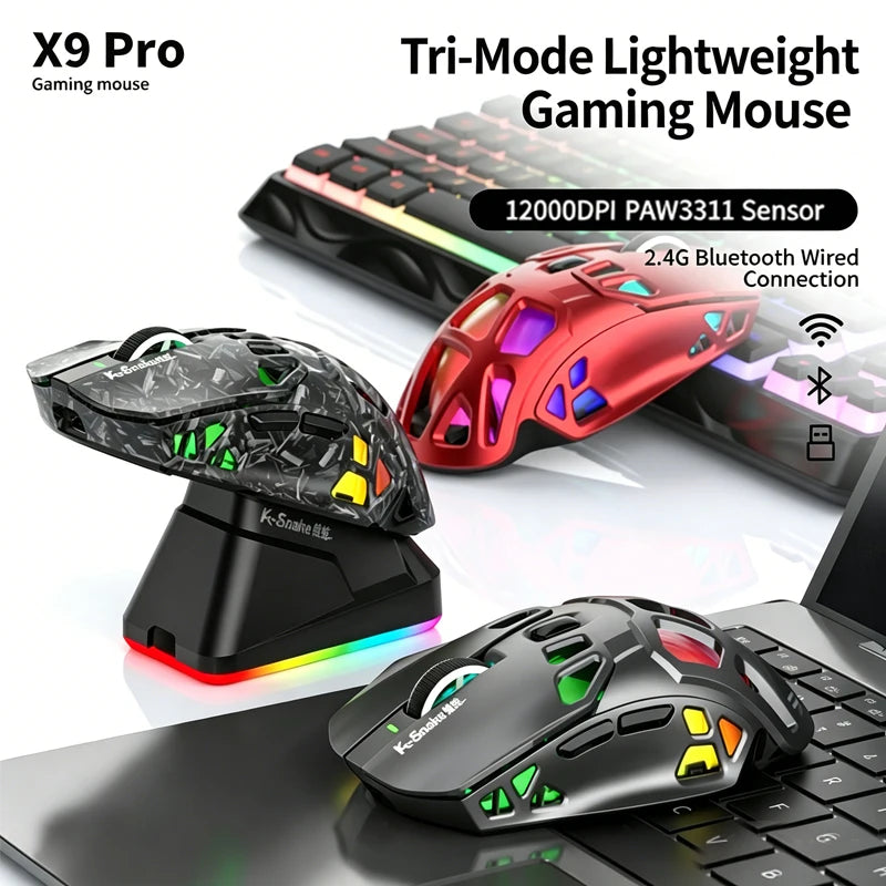 Lenovo Tri-Mode Gaming Mouse Wireless with RGB Charging Dock, 12000DPI Ergonomic Rechargeable Mouse, Bluetooth 2.4G USB Mouse for PC Laptop