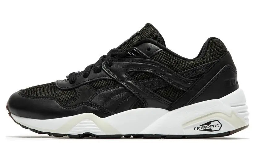 Puma R698 75Y, baskets en cuir et tissu, chaussures de ville confortables à tige basse, baskets noires et blanches, 393403-01.