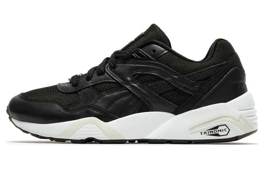 Puma R698 75Y, baskets en cuir et tissu, chaussures de ville confortables à tige basse, baskets noires et blanches, 393403-01.