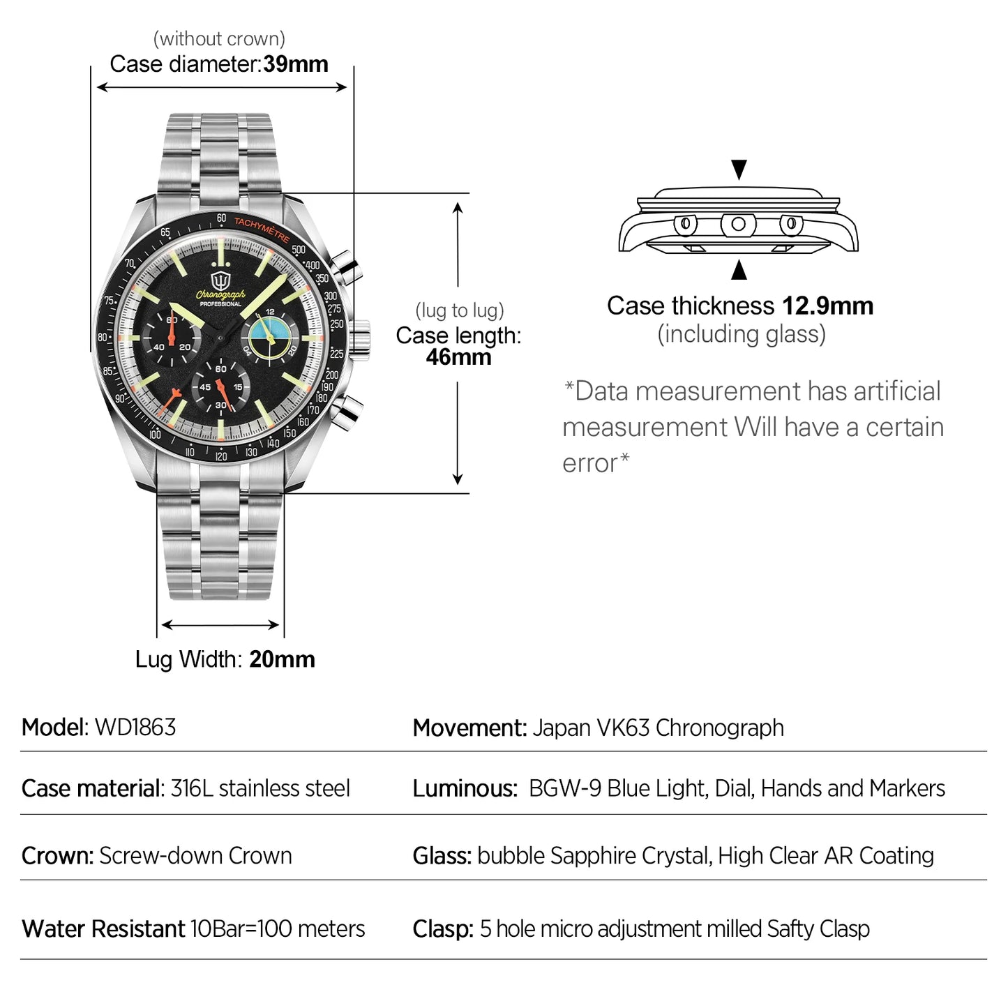Watchdives WD1863 39mm VK63 Chronograph Watch, OTF Clasp, Sweep Quartz Movement, Sapphire, Luminous, 100m Waterproof