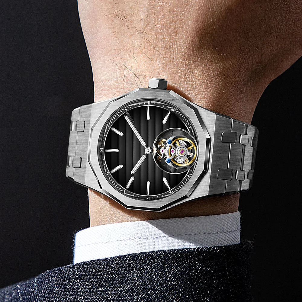 Raymondoya Men's Flying Tourbillon Movement Mechanical Automatic Luxury Watches Wristwatches Skeleton Watch Brand For Men Sapphire