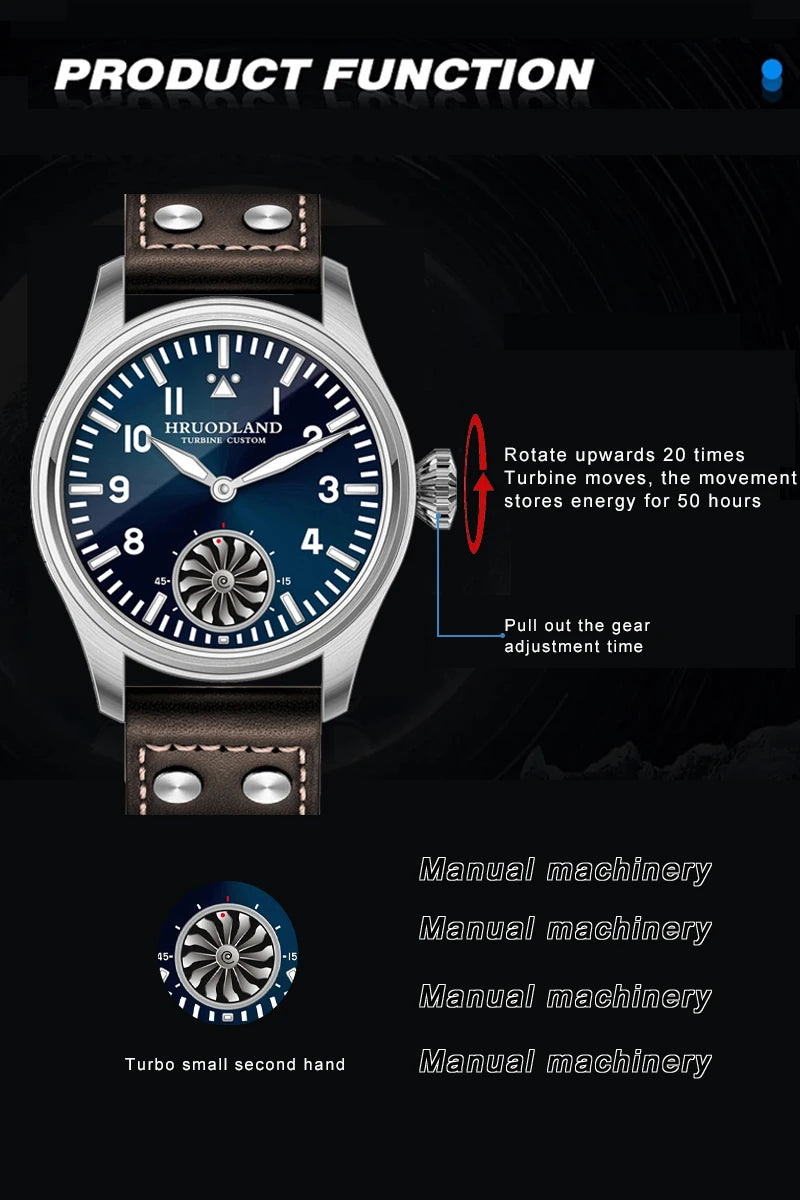 Hruodland Pilot St3620 Retro Men's Manual Mechanical Watch Luxury Sapphire Bgw-9 Night Light Turbine Waterproof 5Bar
