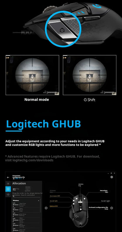 Mouse gaming cablato Logitech G502 HERO per e-sport, mouse meccanico con luce RGB, peso regolabile e macro programmabili per “Chicken Dinner”