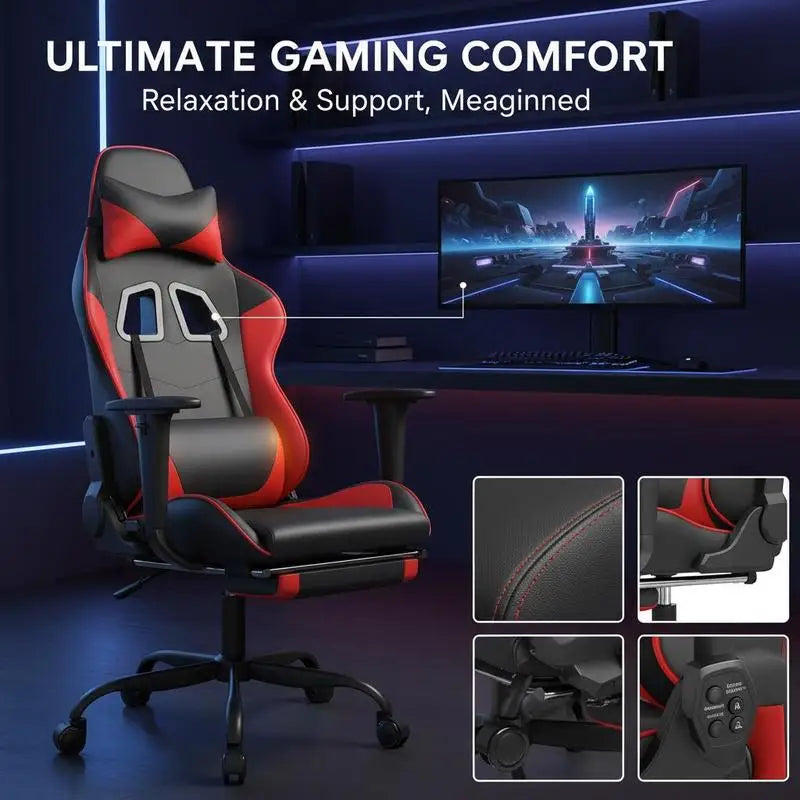 Massage Gaming Chair with Footrest Black and Red 66X56X120.5-131 cm in Imitation Leather, Reclining 360° Swivel Chair Maximum 110 kg